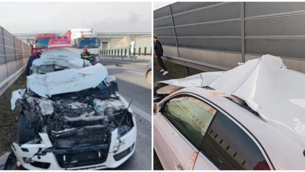 Sofer scapa miraculos in urma coliziunii cu un camion pe autostrada. A iesit singur din masina.