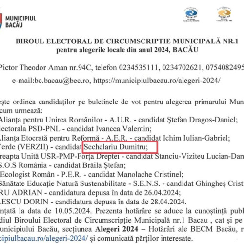 Gafă la BEC: Fostul primar Dumitru Sechelariu, trecut pe lista de candidați la Primăria Bacău, deși a decedat acum 11 ani