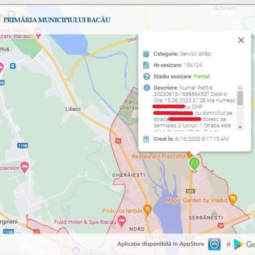 Probleme semnalate de cetățeni pe site-ul Primăriei Bacău: date personale expuse pe platforma de sesizări, marcate “favorabil” fără să fie rezolvate